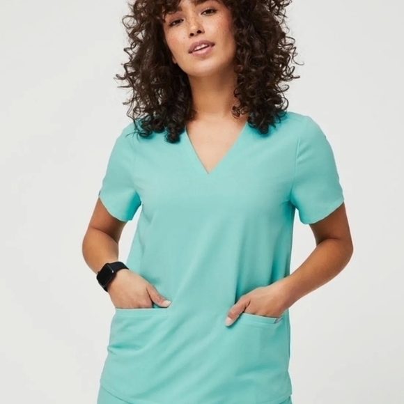 FIGS Top Womens Large Blue Casma Short Sleeve Scrub Pocke Teal Aqua 1714 - Picture 1 of 12